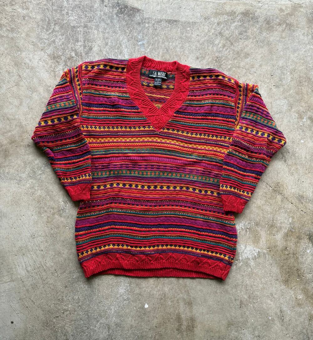 VTG 90s Womens 3D Knit Colorful V-Neck Striped Sweater Size Small Coogi Style